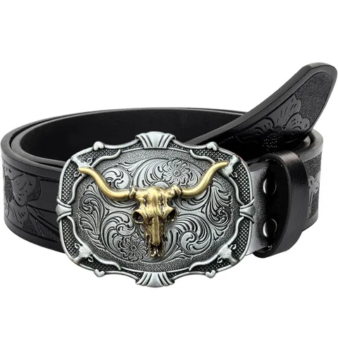 Cinturón de Cuero PU Grabado Vintage Vaquero Occidental para Hombres Con Hebilla de Cabeza de Toro de Aleación