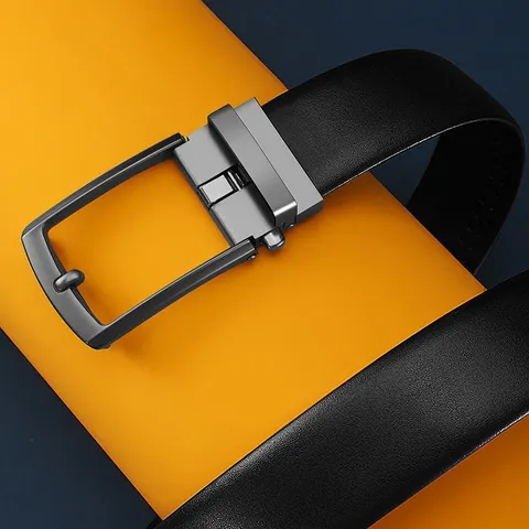 Men Automatic Buckle Business Casual Belt Split Leather Ratchet Belt With Alloy Metal Buckle Black Waistband