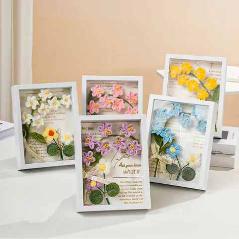Marco de Fotos Artesanal con Flores de No Me Olvides Tejidas Marco de Exhibición Hueco de Madera 3D Decoración del Hogar Regalo