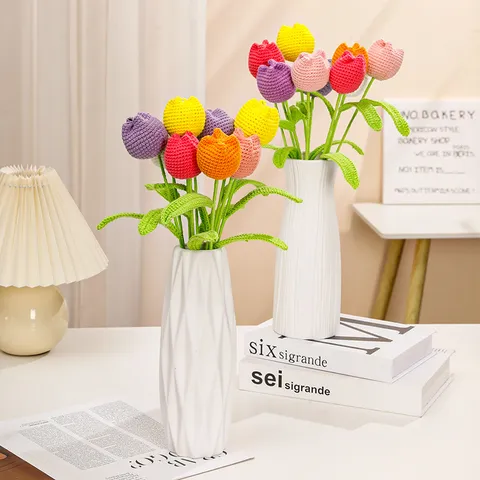 Ramo de Flores Artificiales de Tulipán de Ganchillo Tejido a Mano Flor de Hilo Duradera para Decoración del Hogar Regalo de San Valentín