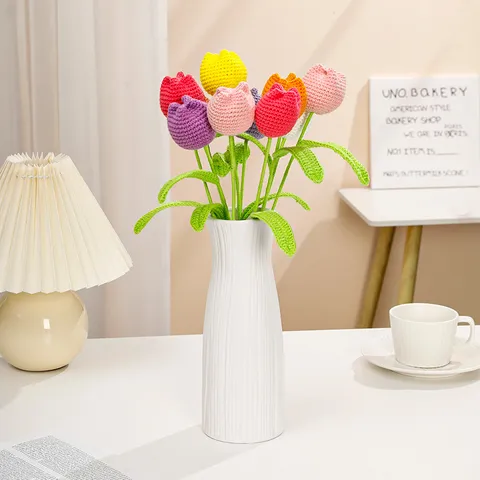 Ramo de Flores Artificiales de Tulipán de Ganchillo Tejido a Mano Flor de Hilo Duradera para Decoración del Hogar Regalo de San Valentín