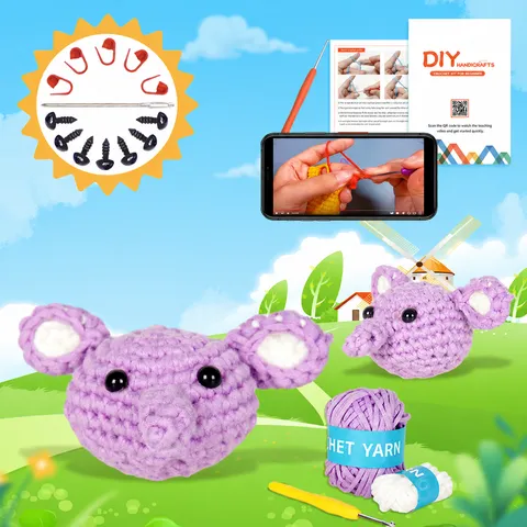 Kit de Crochet pour Débutants DIY Poupée Éléphant Set de Tricot avec Fil Acrylique Crochets et Tutoriel
