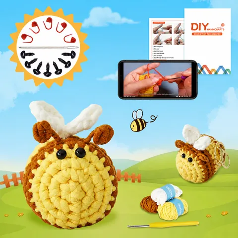 Crochet Kit For Beginners DIY Yarn Craft Kit Cute Bee Doll With Crochet Hooks And Step-By-Step English Tutorial For Adults Kids Craft Lovers