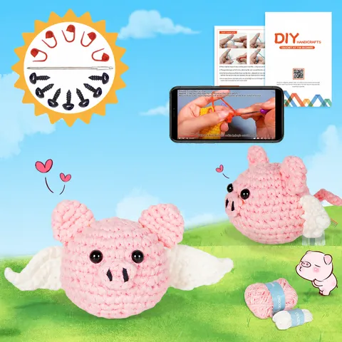 DIY Crochet Kit For Beginners Handmade Crochet Yarn Ball Pig Doll Keychain With English Tutorial Craft Knitting Supplies