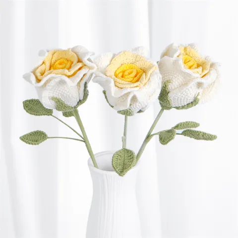 Flor Artificial de Rosa Tejida a Mano Ramo de Hilo Tricotado para Decoración del Hogar Boda Fiesta San Valentín