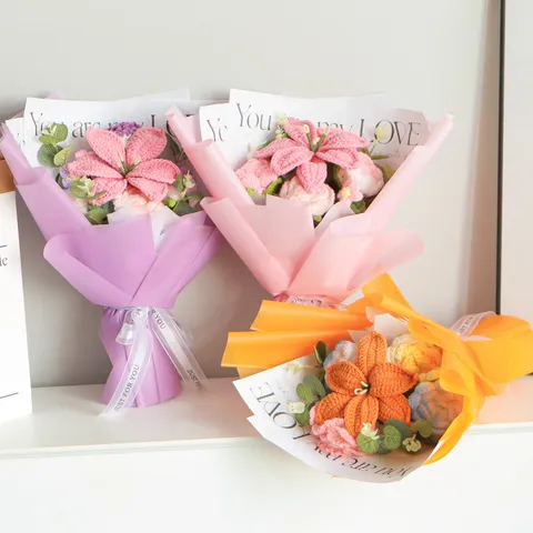 Handmade Knitted Lily Bouquet Crochet Artificial Flower Mixed Bouquet Finished Product Gift For Teacher Day Home Decor