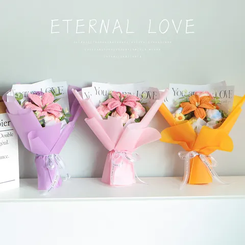 Handmade Knitted Lily Bouquet Crochet Artificial Flower Mixed Bouquet Finished Product Gift For Teacher Day Home Decor