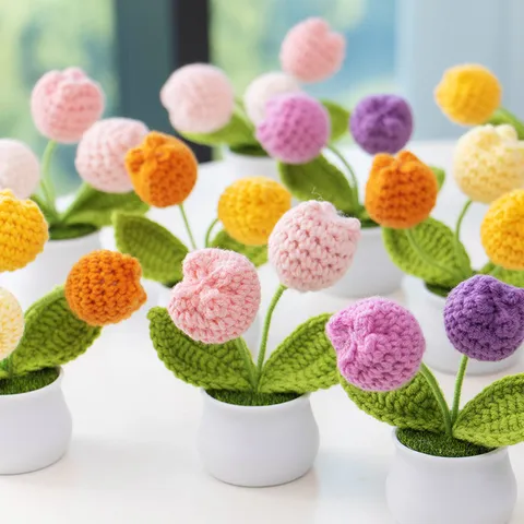 Planta en Maceta de Tulipán de Ganchillo Hecha a Mano Flor Tejida Adorno Floral Artificial Decoración del Hogar Regalo de Mesa
