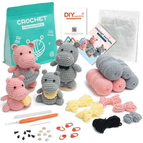 DIY Crochet Kit For Beginners Hippo Family Crochet Animal Material Package With Yarn Crochet Hooks And Instructions
