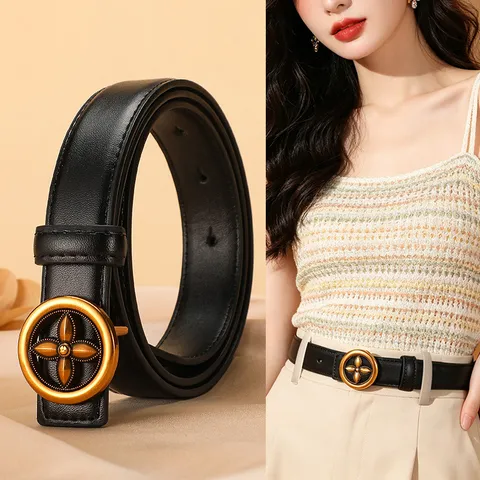Women Genuine Split Cowhide Leather Belt Retro Floral Metal Buckle Versatile Casual Waist Belt For Jeans Denim