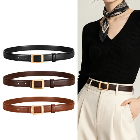 Women's Genuine Cowhide Leather Belt Minimalist Casual Jeans Dress Thin Waist Belt With Metal Square Buckle