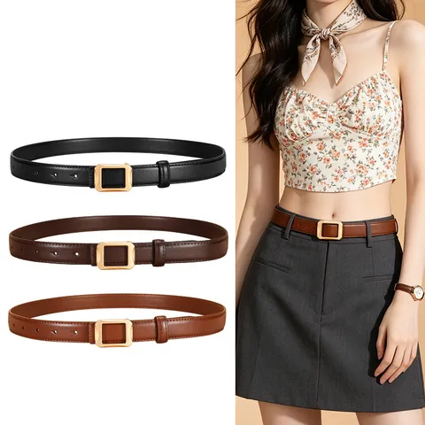 Women's Genuine Cowhide Leather Belt Minimalist Casual Jeans Dress Thin Waist Belt With Metal Square Buckle