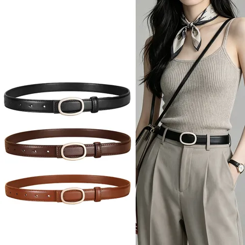Women's Genuine Leather Thin Belt Vintage Casual Versatile Metal Plate Buckle Waistband For Jeans Dresses