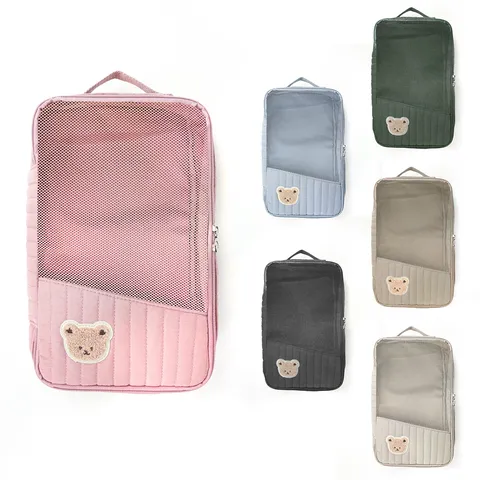 Reise Aufbewahrungstasche Große Kapazität Tragbarer Organizer Beutel Mit Süßem Bär Bestickung Mesh Design Für Kleidung Babyartikel