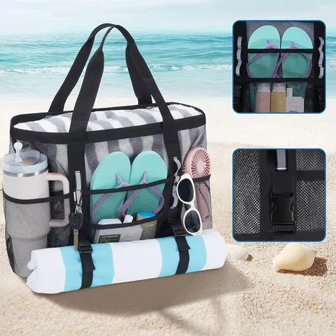 Große Kapazität Netz Strandtasche Mit Reißverschluss Multifunktionale Tragetasche Outdoor Reise Schulter Handtasche Für Damen