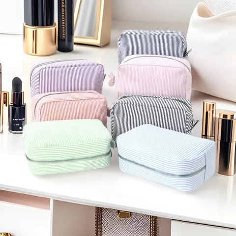 Tragbare Baumwolle Kosmetiktasche Gestreifte Kulturtasche Reise Make-up Organizer Reißverschluss Aufbewahrungstasche