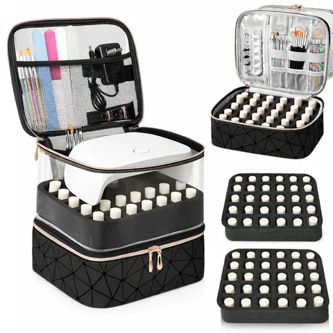 Double Layer Large Capacity Nail Polish Storage Bag Portable Cosmetic Organizer With Transparent PVC Lid Black