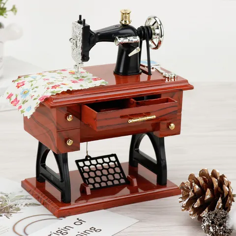 Retro Miniature Sewing Machine Music Box ABS Plastic Vintage Wind Up Musical Box Home Decor Creative Gift Ornament