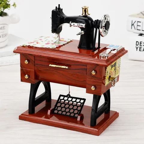 Retro Miniature Sewing Machine Music Box ABS Plastic Vintage Wind Up Musical Box Home Decor Creative Gift Ornament