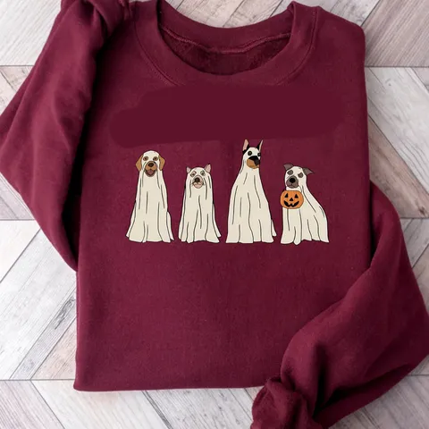 Felpa Casual Girocollo da Donna Manica Lunga Vestibilità Larga Misto Cotone Stampa Simpatico Cane Fantasma