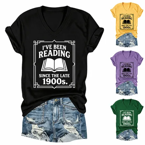 Camiseta Casual con Cuello en V y Manga Corta para Mujer Corte Holgado Mezcla de Algodón Top Básico Diario