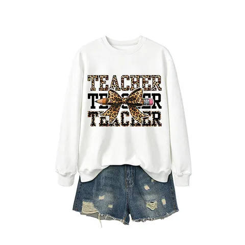Damen Casual Langarm Rundhals Sweatshirt Süßer Lehrer Leopard Schleife Bleistift Grafik Print Löses Pullover Top