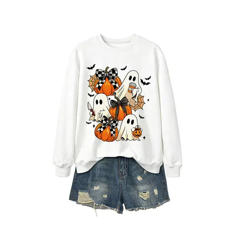 Damen Baumwolle Halloween Sweatshirt Casual Langarm Rundhalsausschnitt Top Fun Geist Kürbis Fledermaus Grafik Pullover Festliche Party Kleidung