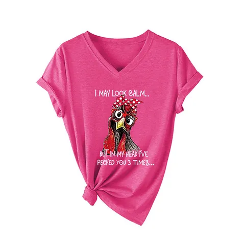 Funny Chicken Graphic Print V-Neck T-Shirt Women Casual Loose Cotton Blend Short Sleeve Top Fashion Versatile Tee Apparel