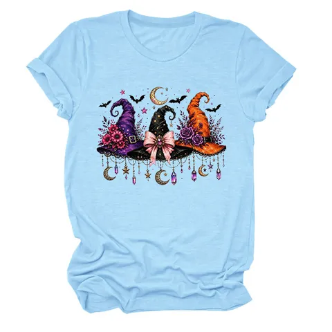 Dames Casual Katoenmix T-Shirt Halloween Tovenaarshoed Vleermuis Ster Maan Patroon Bedrukt Ronde Hals Korte Mouw Top