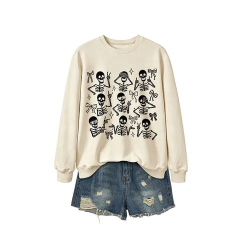 Women's Halloween Graphic Sweatshirt Long Sleeve Crew Neck Skull Bowknot Print Casual Pullover Top