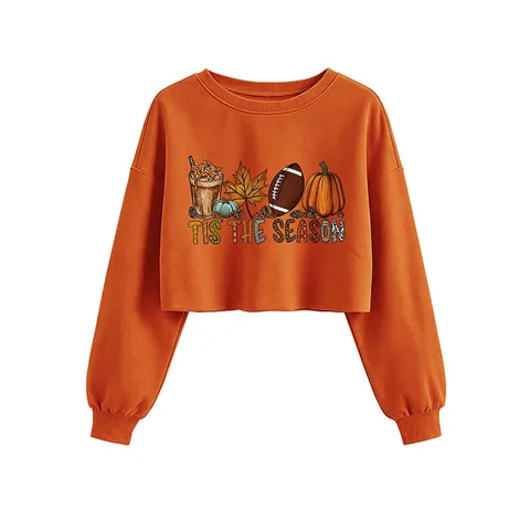 Sweat-shirt Court Ample Décontracté pour Femmes Imprimé Lettre d'Automne Manches Longues Col Rond Pull Mélange de Coton Mode Streetwear