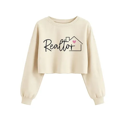 Sudadera Casual de Mezcla de Algodón con Cuello Redondo para Mujer Estampado de Letras Manga Larga Holgada Corta Top