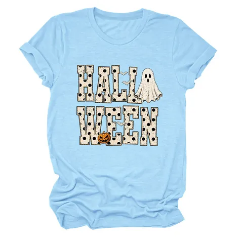 Women Halloween Ghost Pumpkin Printed T-Shirt Casual Cotton Blend Round Neck Short Sleeve Loose Funny Holiday Graphic Top Clothing