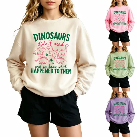 Kids Funny Dinosaur Letter Print Sweatshirt Casual Cotton Blend Round Neck Long Sleeve Pullover Top For Boys Girls