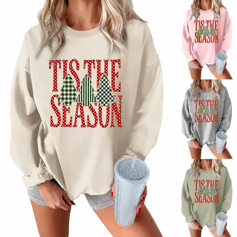 Sweat-shirt pour Femmes avec Imprimé Sapin de Noël Décontracté Col Rond Manches Longues Pull en Polaire Tis The Season Top