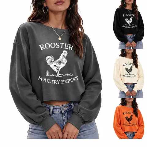 Sudadera Corta Casual de Mezcla de Algodón para Mujer Estampado de Gallo Fluent In Fowl Language Top Pullover de Manga Larga Cuello Redondo