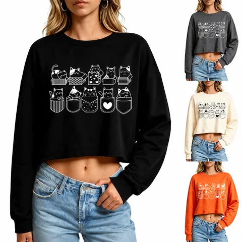Women's Cropped Hoodie Cute Cat Graphic Print Long Sleeve Sweatshirt Cotton Blend Loose Round Neck Pullover Daily Top