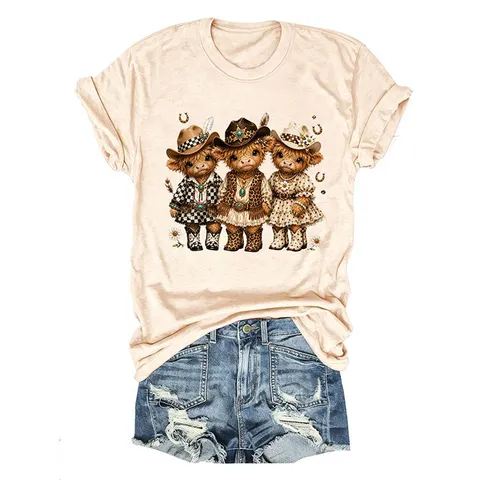 T-shirt da Donna in Misto Cotone Casual Simpatica Mucca delle Highland con Stampa Grafica Cowboy Girocollo Manica Corta Top Streetwear Loose Tee