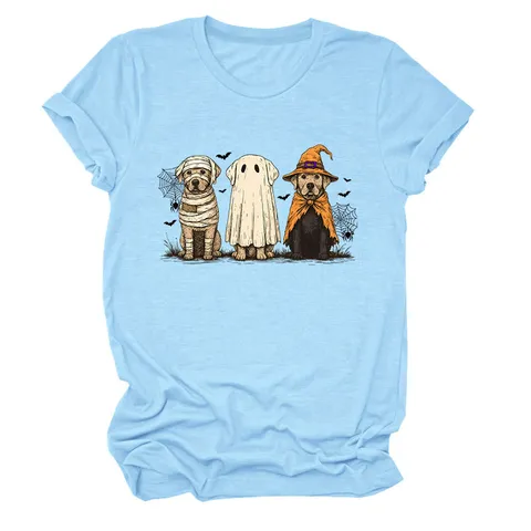 Women Halloween Funny Dogs Graphic T-Shirt Casual Cotton Blend Round Neck Short Sleeve Loose Top Ghost Dog Spider Web Print Tee