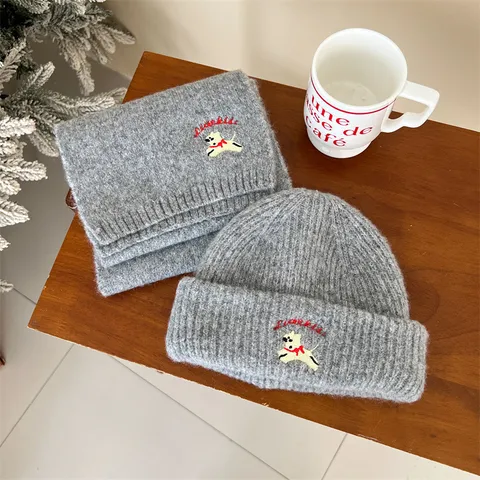 Kinder Winter Warm Mütze Und Schal Set Süß Welpe Stickerei Mütze Schal Kinder Kaltes Wetter Zubehör