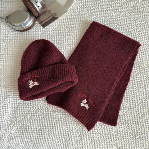 Kinder Winter Gestrickt Süß Hündchen Stickerei Mütze Und Schal Warm Set Kinder Kaltes Wetter Zubehör