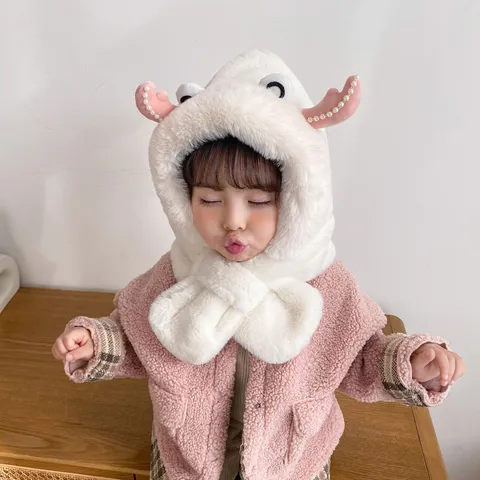 Bambini Inverno Caldo Cappello in Peluche E Sciarpa Tutto In Uno Carino Animale Paraorecchie Berretto Pile Ispessito Cappuccio Antivento