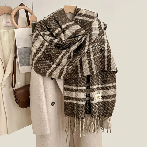 Damen Immitation Kaschmir Karo Schal Verdickter Warm Winter Schal Quasten Design Vielseitig Pendeln Casual Mode Schal