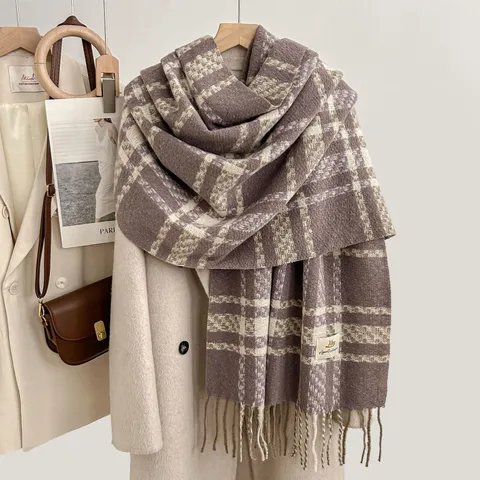 Damen Immitation Kaschmir Karo Schal Verdickter Warm Winter Schal Quasten Design Vielseitig Pendeln Casual Mode Schal