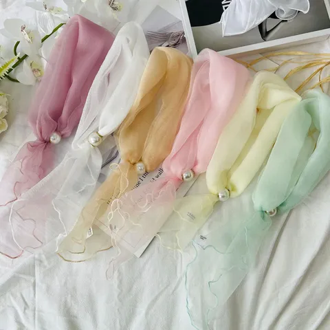 Korean Sweet Solid Color Shiny Silk Scarf Women Fashion Pearl Magnetic Buckle Elegant Neck Scarf Decorative Hair Band