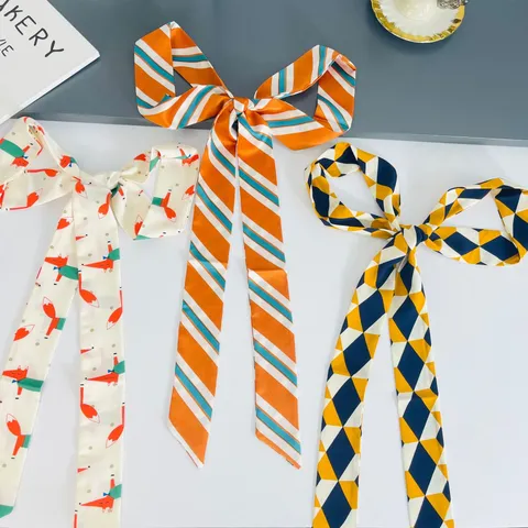 Women's Fashion Printed Long Silk Scarf Versatile Thin Ribbon Neck Scarf Hair Band Bag Accessory