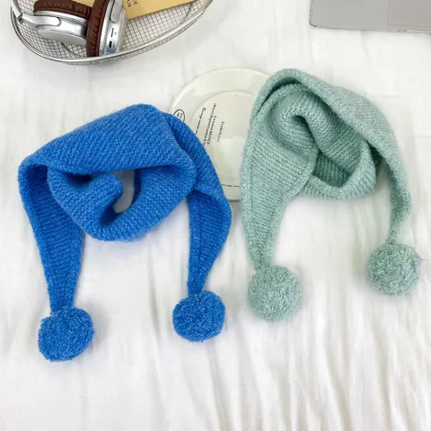 Kinder Winter Warm Gestrickter Schal Süßer Doppelter Bommel Halbwärmer Einfarbige Lässige Modische Schal Für Jungen Und Mädchen