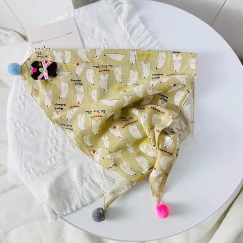 Kids Cotton Linen Triangle Scarf Cute Animal Floral Print Bib Scarf With Pom Poms Toddler Warm Neckwear For Boys Girls