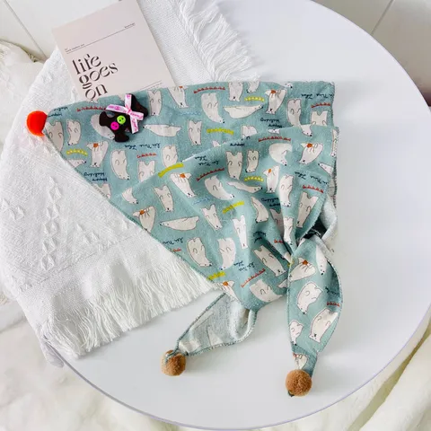 Kids Cotton Linen Triangle Scarf Cute Animal Floral Print Bib Scarf With Pom Poms Toddler Warm Neckwear For Boys Girls