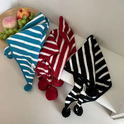 Childrens Knit Scarf Fall Winter Warm Striped Bib Cute Pom Pom Triangle Shawl Kids Fashion Winter Accessories